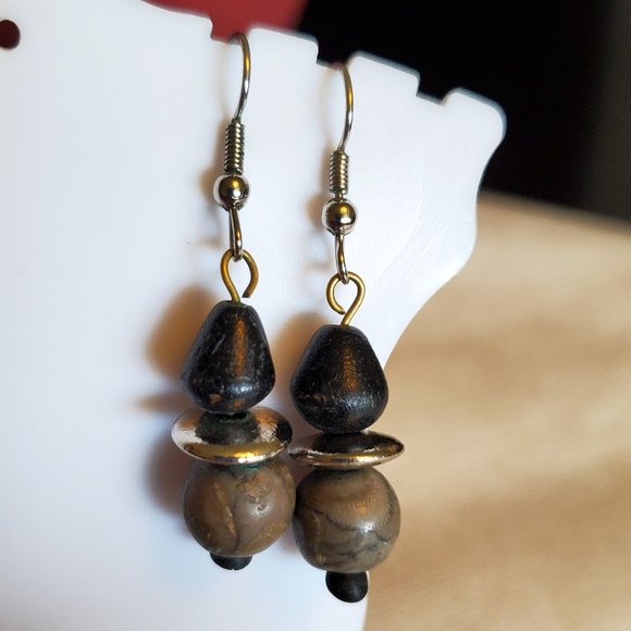 Silver Tone Hook Wood and Stone Bead Earrings - Picture 3 of 3